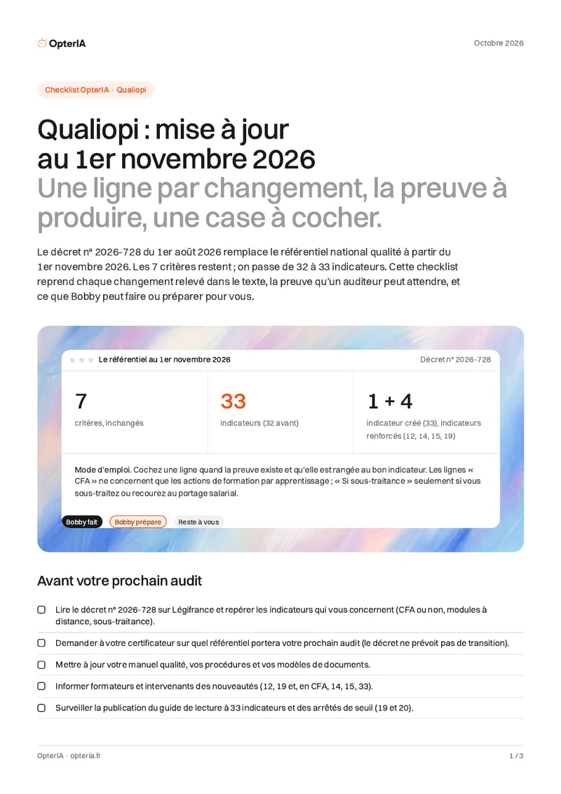 Couverture du décryptage : Qualiopi au 1er novembre 2026 : ce qui change, indicateur par indicateur