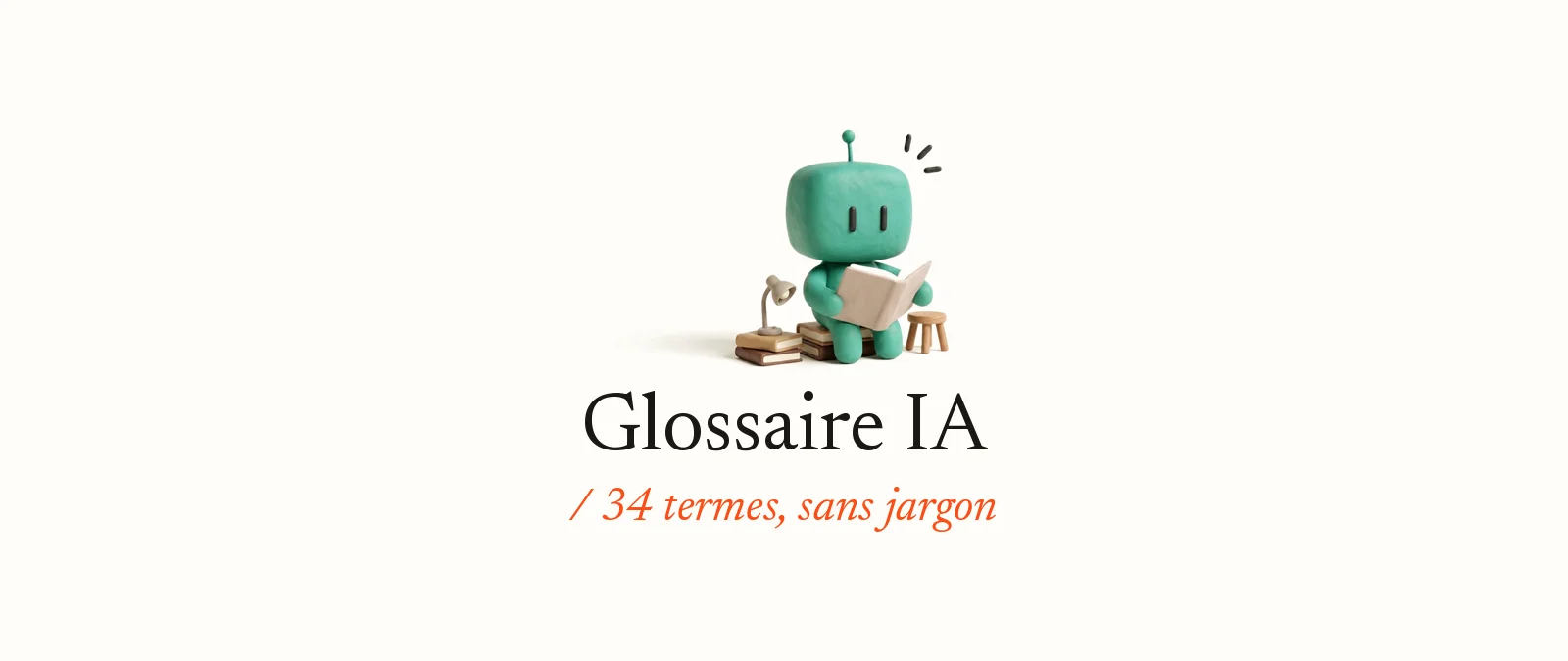 Bobby, la mascotte d’OpterIA en pâte à modeler vert canard, lit un grand livre assis sur une pile de livres : Glossaire IA, 34 termes, sans jargon
