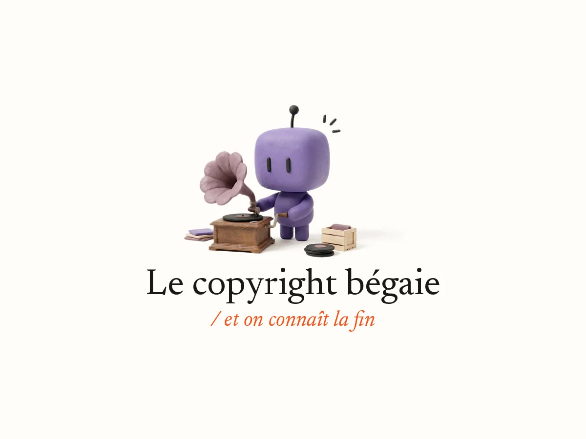 Bobby, la mascotte d’OpterIA en pâte à modeler violette, tourne la manivelle d’un vieux gramophone : Le copyright bégaie, et on connaît la fin