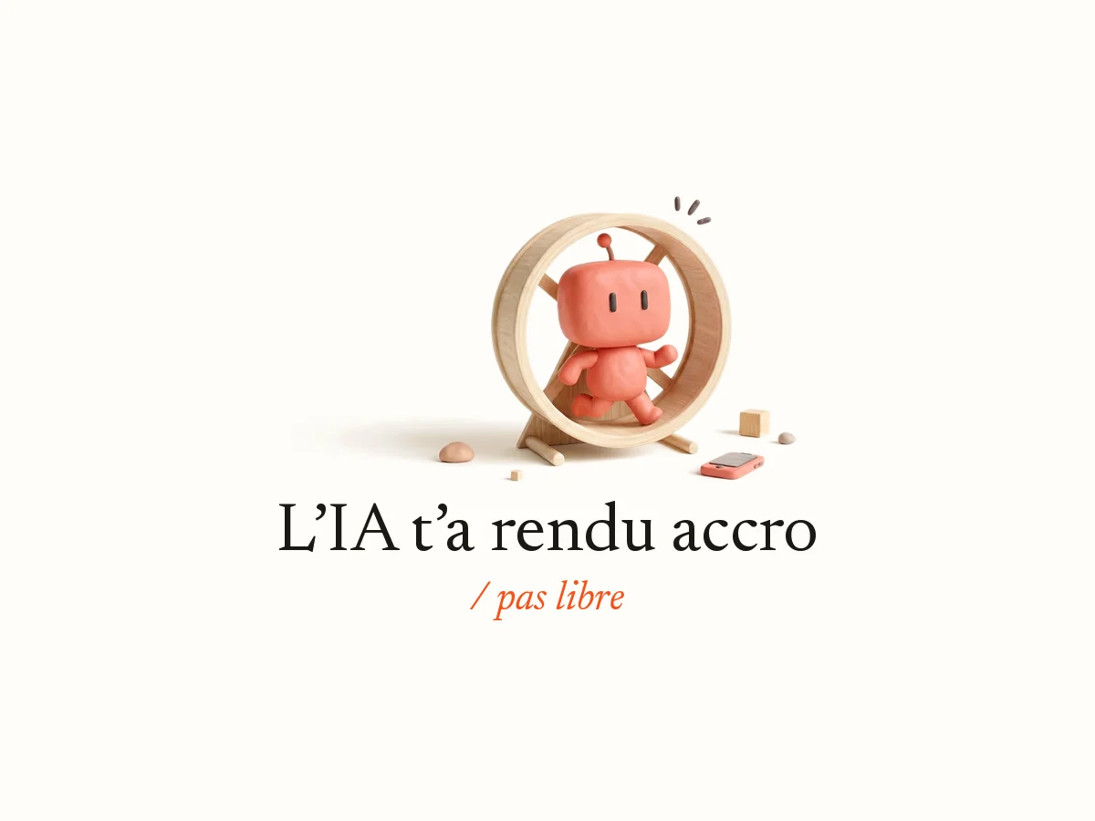 Bobby, la mascotte d’OpterIA en pâte à modeler rose corail, court dans une roue de hamster en bois, un téléphone posé au sol : L’IA t’a rendu accro, pas libre