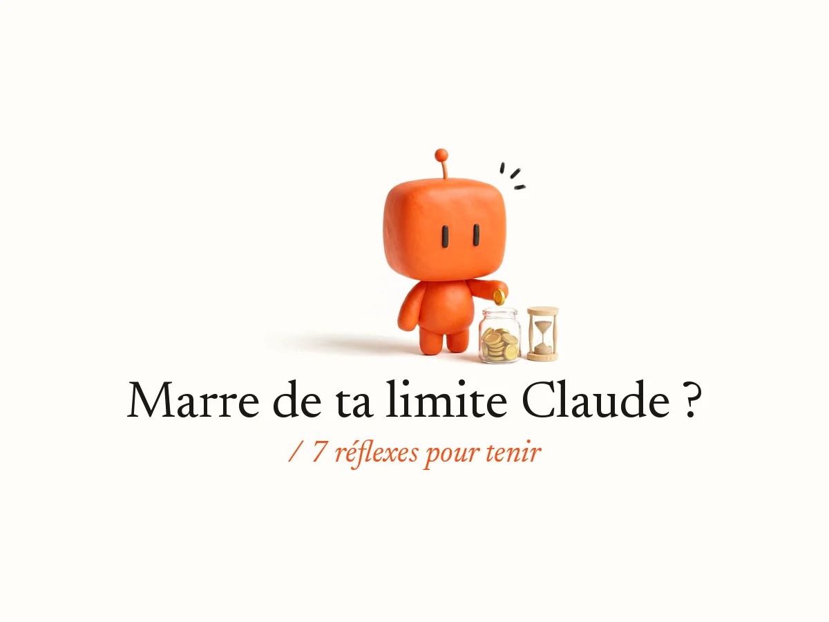 Bobby, la mascotte d’OpterIA en pâte à modeler orange, glisse une pièce dans un bocal à côté d’un sablier : Marre de ta limite Claude ? 7 réflexes pour tenir