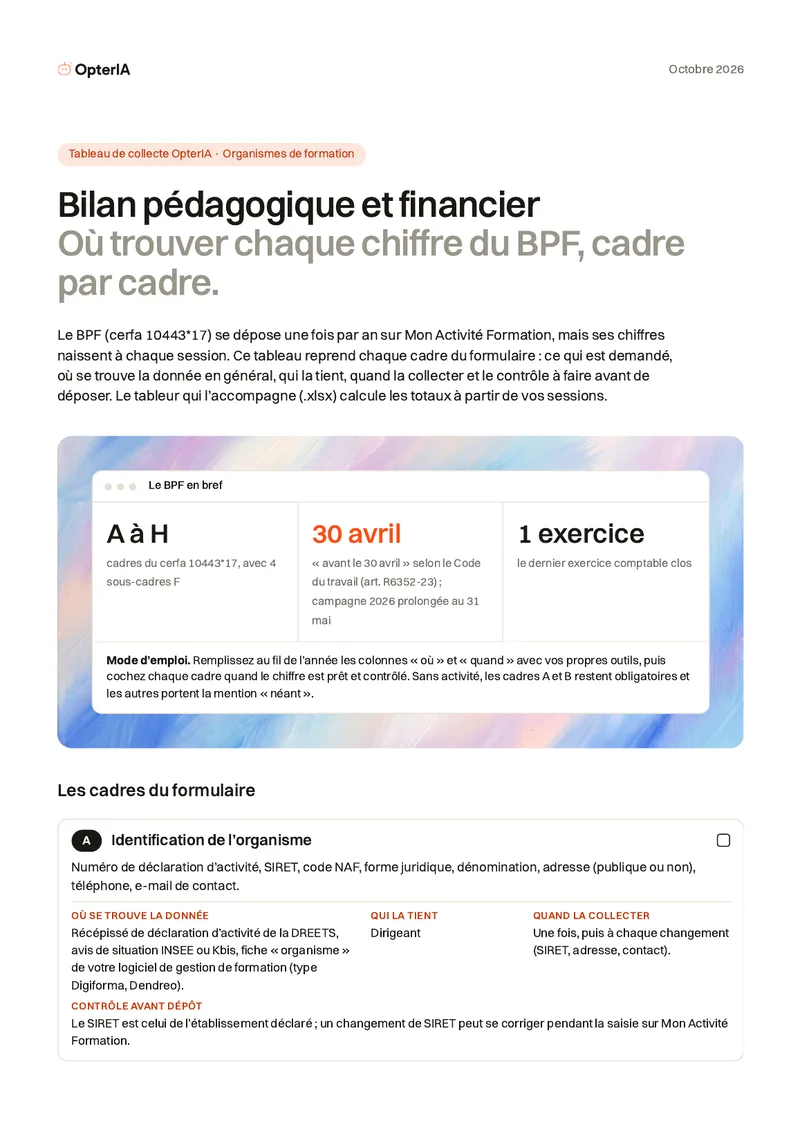 Couverture du playbook : Bilan pédagogique et financier : remplir son BPF cadre par cadre