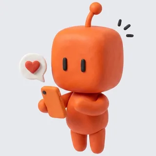 Bobby en pâte à modeler orange, un téléphone à la main et une bulle avec un cœur