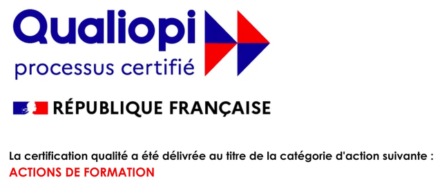 Qualiopi, processus certifié, République française. Certification délivrée au titre de la catégorie : actions de formation
