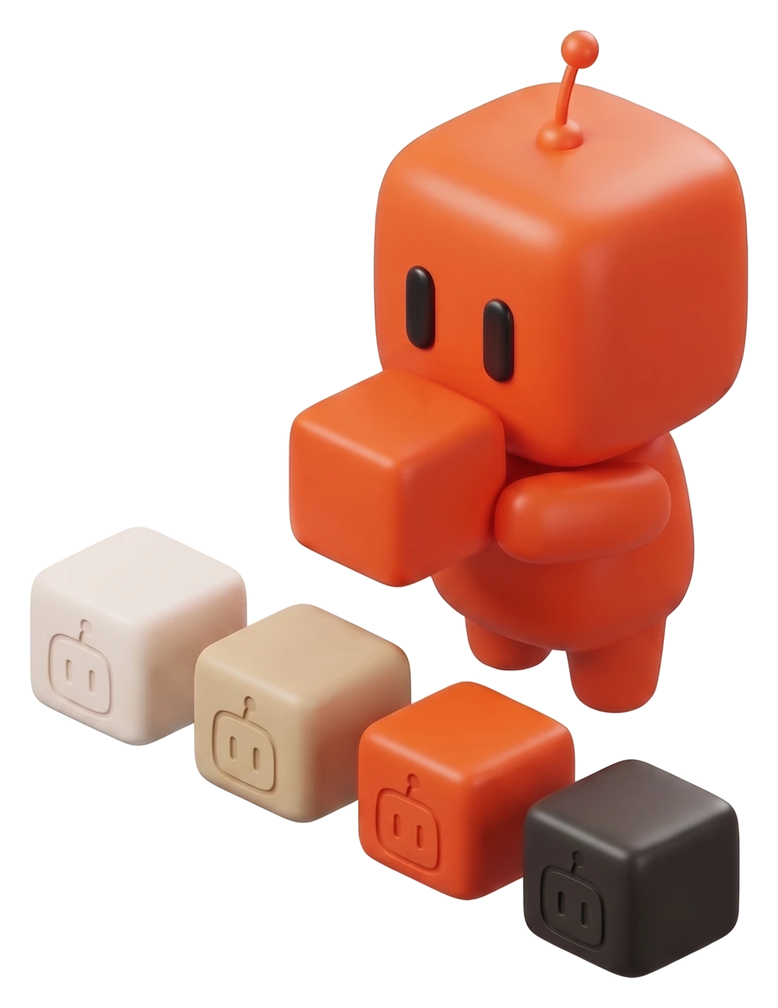 Bobby, la mascotte orange d’OpterIA, examine un cube de données devant une rangée de cubes de quatre couleurs